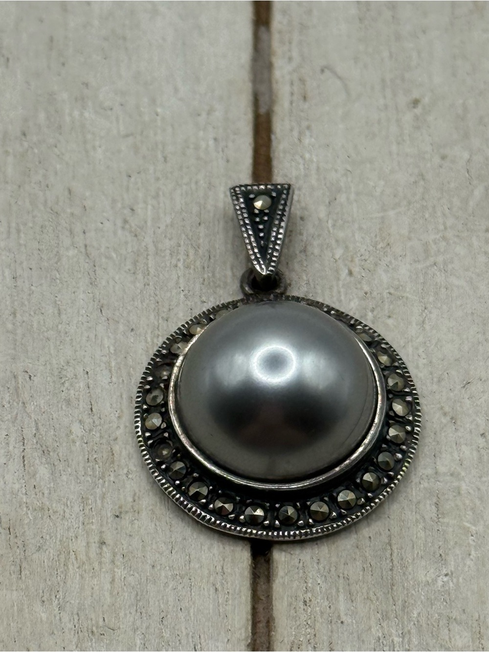 Sterling Silver Gray Pearl Marcasite Pendant - Elegant Women's Necklace Charm